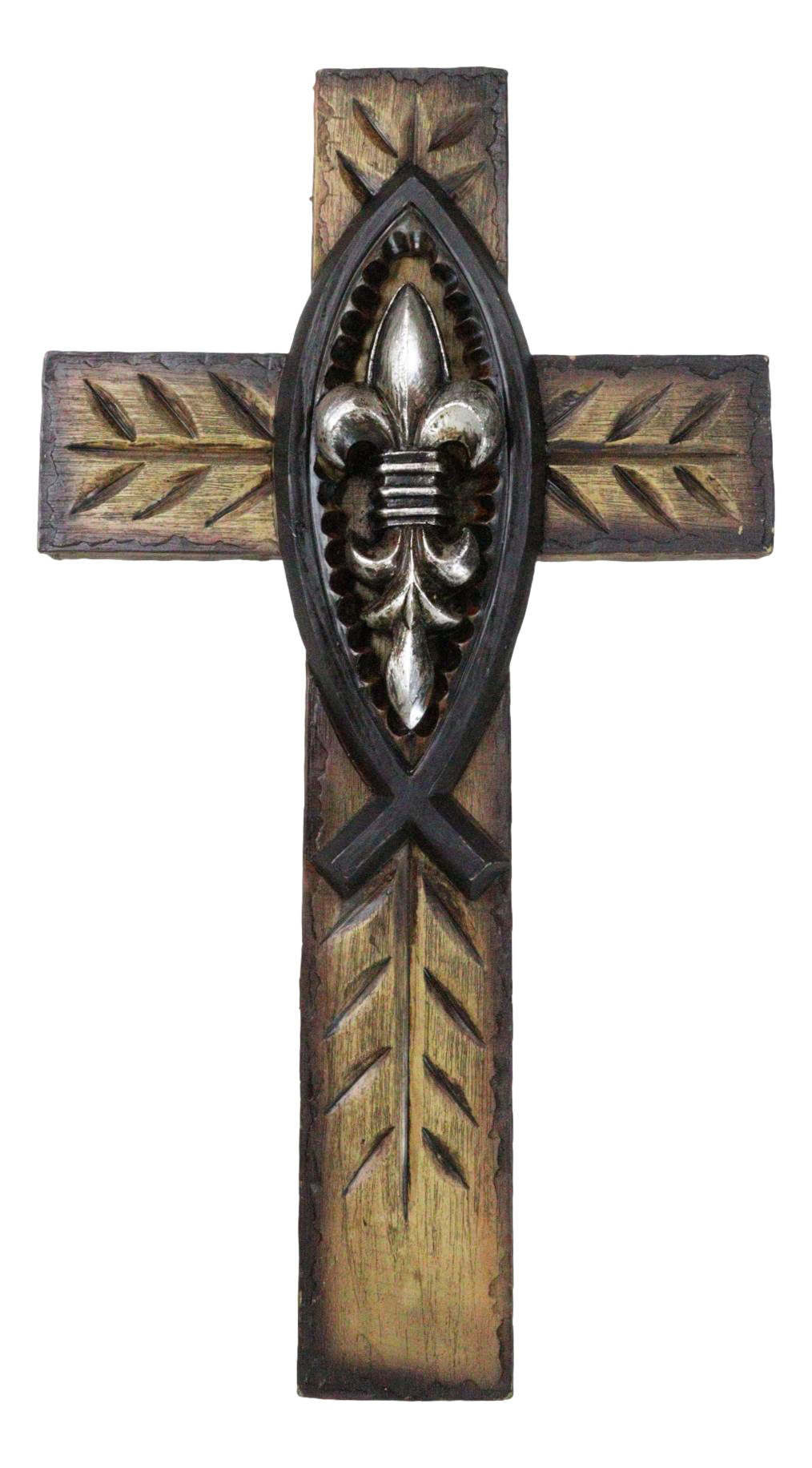 Rustic Ichthys Jesus Fish With Fleur De Lis Olive Carving Faux Wood Wall Cross