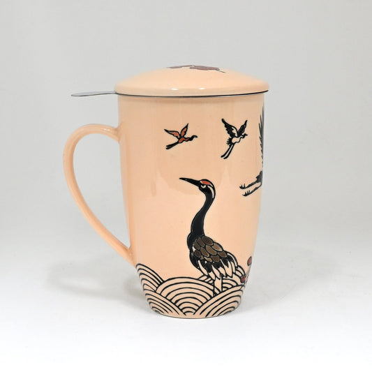 Beige Crane Flowers 15oz Porcelain Tea Mug With Lid And Stainless Steel Infuser