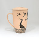 Beige Crane Flowers 15oz Porcelain Tea Mug With Lid And Stainless Steel Infuser