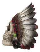 Gothic Native American Chief Skull Figurine with Tribal Feather Headdress 4.5"H