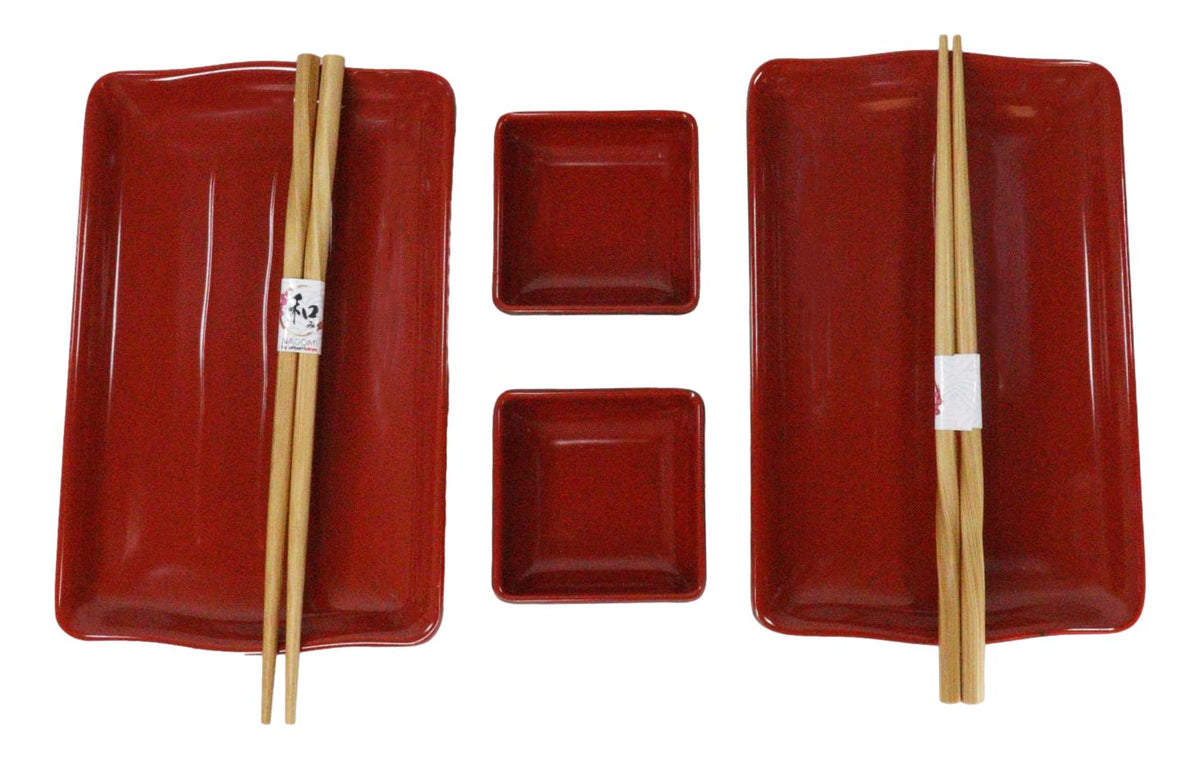 Red Black Melamine Wavy Sushi Plates Sauce Dishes And Chopsticks Set Serves 2