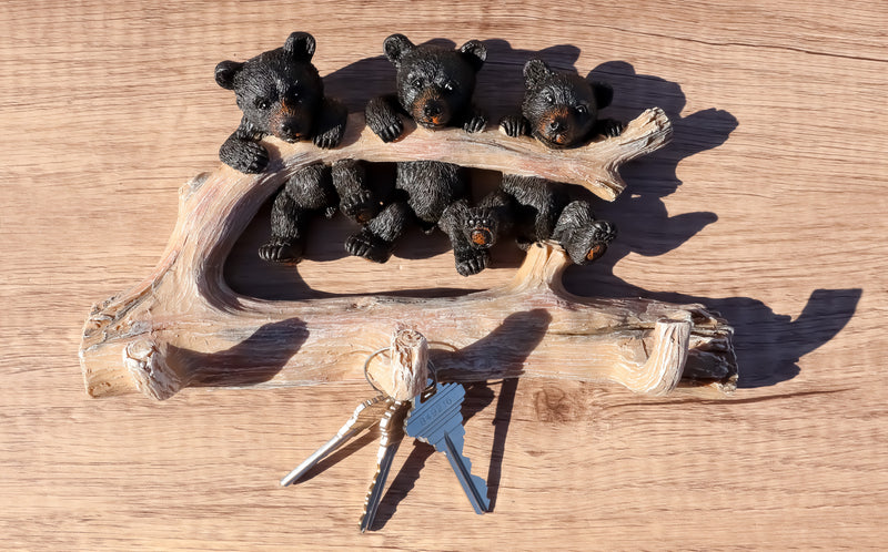 Rustic 3 Naughty Black Bears Dangling On Tree Branch 3 Pegs Triple Wall Hook