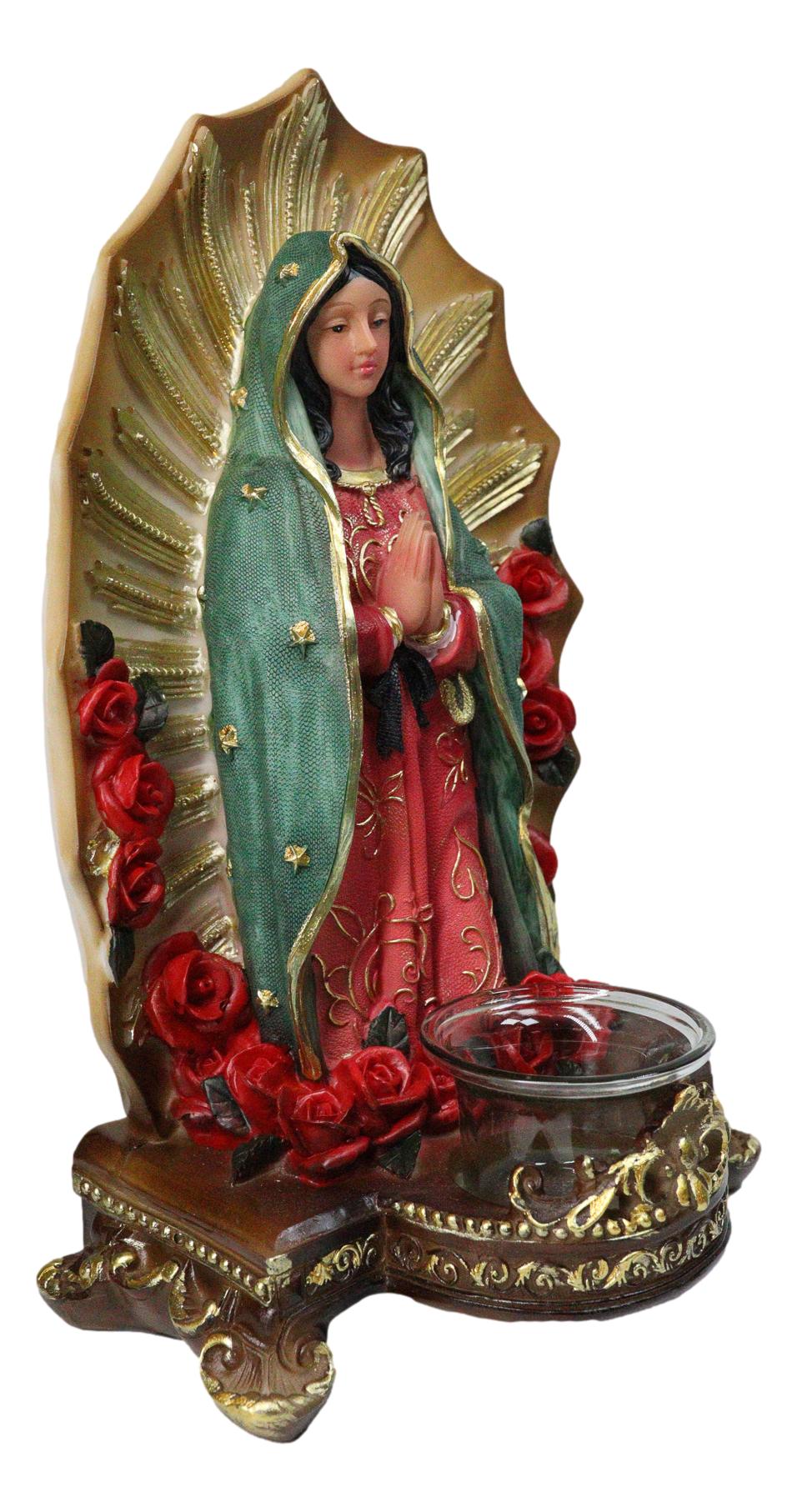 Our Blessed Mother Mary Lady of Guadalupe With Roses Candleholder Figurine 11"H