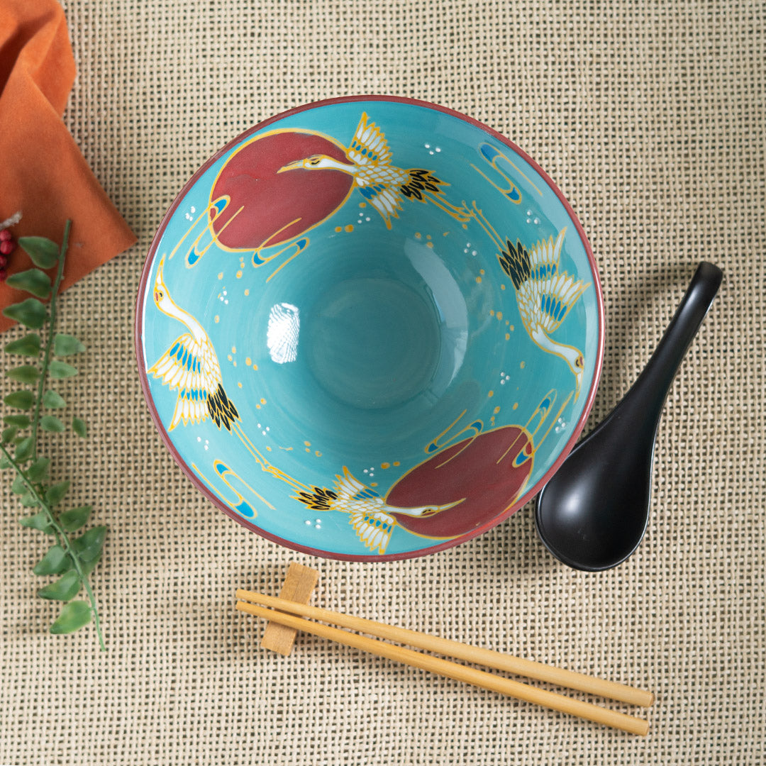 Red Moon Crane Ceramic Ramen Rice Bowl With Soup Spoon Chopsticks And Rest Set