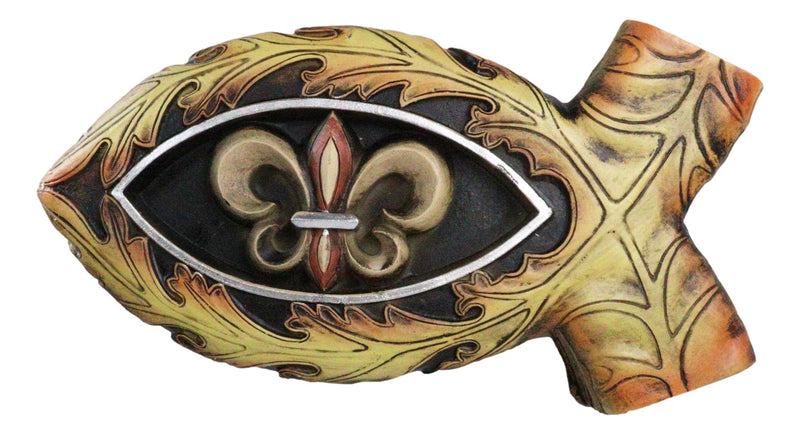 Faux Wood Jesus Fish Ichthys With Fleur De Lis Cross Decorative Trinket Box