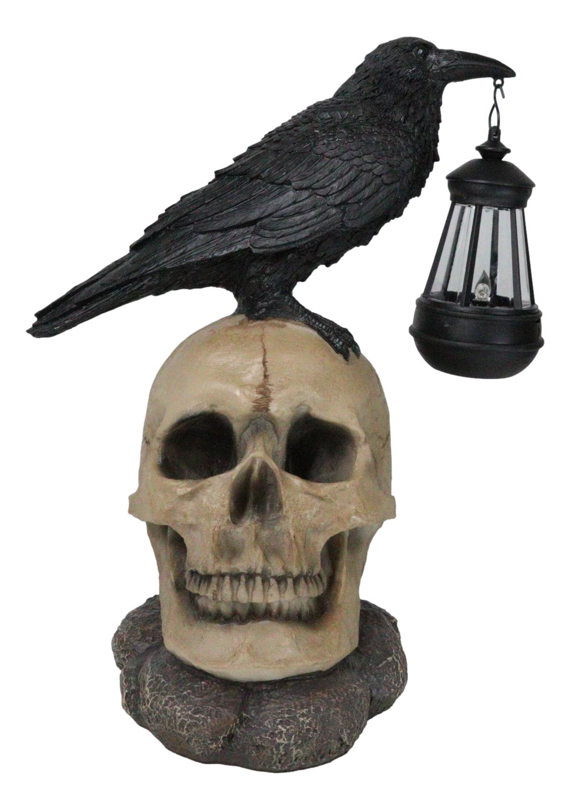 Ebros Edgar Corvus Raven Perching On Rose Skull Statue With Solar LED Lantern Light - Ebros Gift
