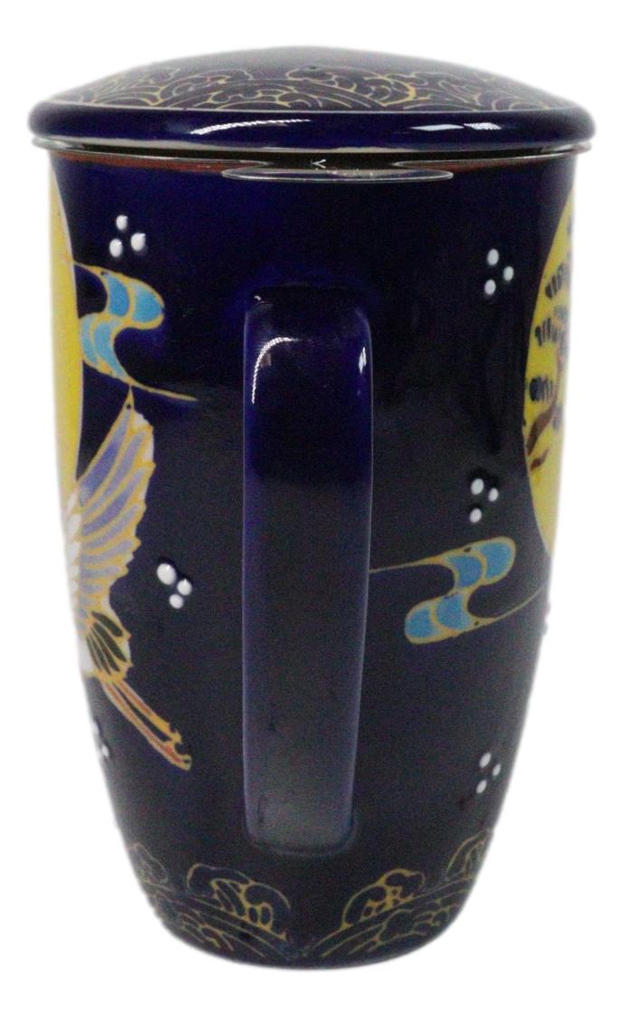 Blue Moon Japanese Crane 15oz Porcelain Tea Mug With Lid Stainless Steel Infuser