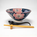 Midnight Blue Pink Floral Ceramic Ramen Bowl Soup Spoon Chopsticks And Rest Set