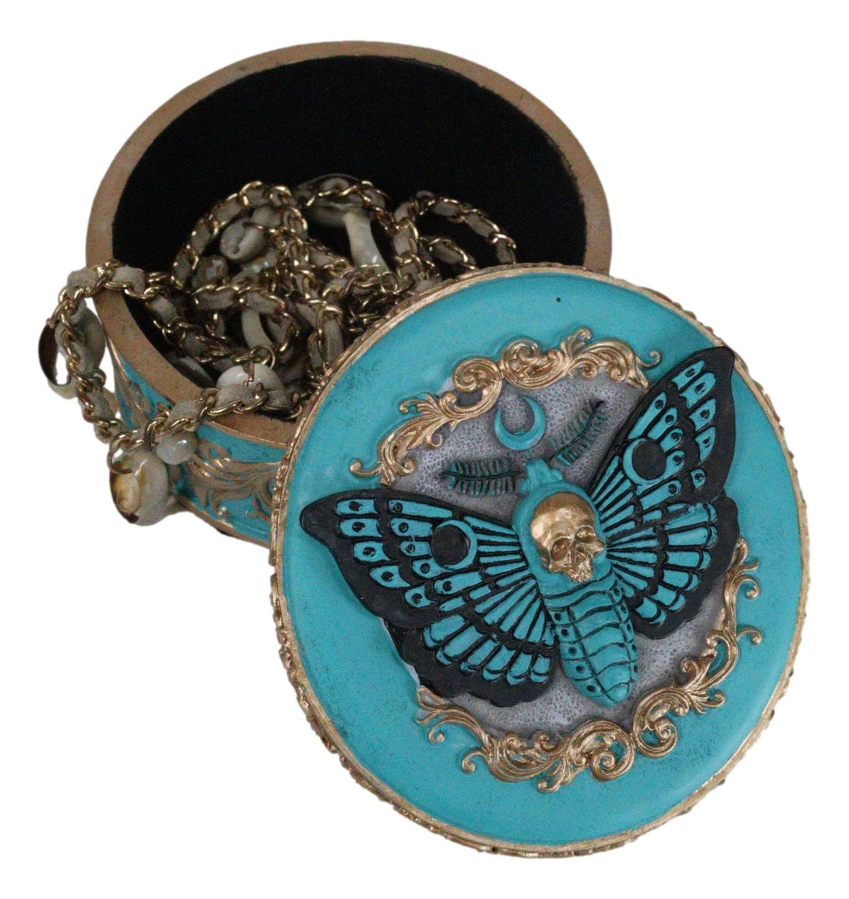 Turquoise And Gold Scrollwork Death Moth Skull Decorative Trinket Jewelry Box