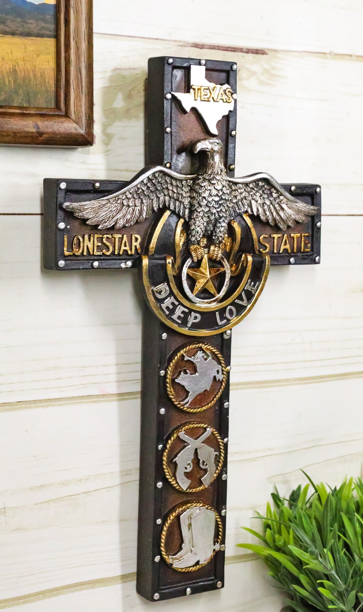 Western Rodeo Cowboy Pistols Spur Boots Texas Lone Star State Eagle Wall Cross