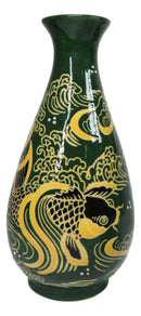 Green Golden Koi Fishes In Water Porcelain Sake Flask And 4 Ochoko Cups Set