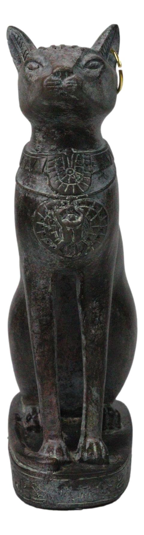 Ancient Egyptian Ubasti Bastet Cat Sitting in Royal Pose Faux Clay Figurine 7"H