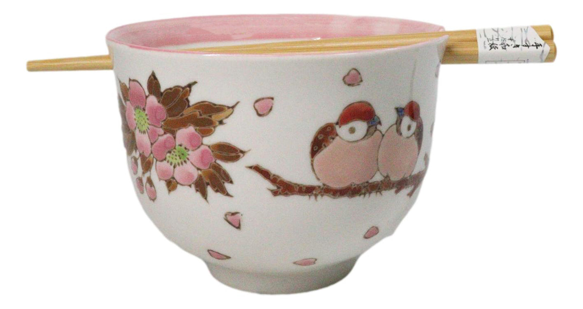 Twin Sparrows Cherry Blossom Ceramic Donburi Ramen Bowl With Chopsticks Set