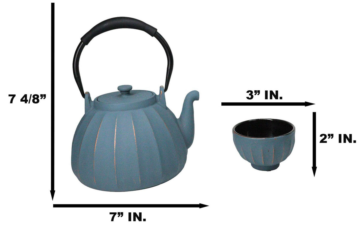Blue Vertical Lines Design Tetsubin Cast Iron Teapot 33oz And 4 Tea Cups Set