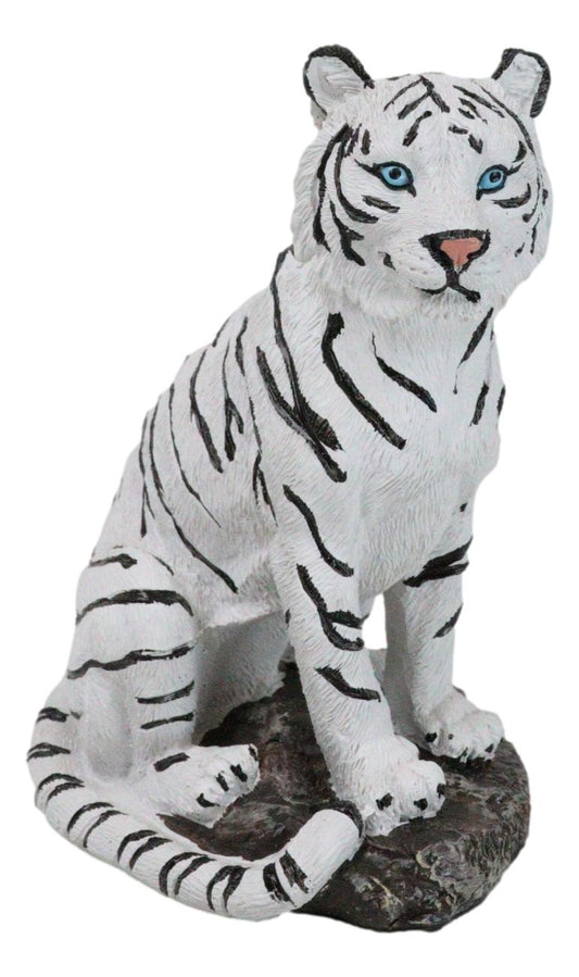 Rainforest Jungle Apex Predator White Bengal Tiger Sitting On Rock Figurine - Ebros Gift