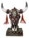 Rustic Western Cow Skull Turquoise Diamond Scrollwork Tassels Trophy Figurine
