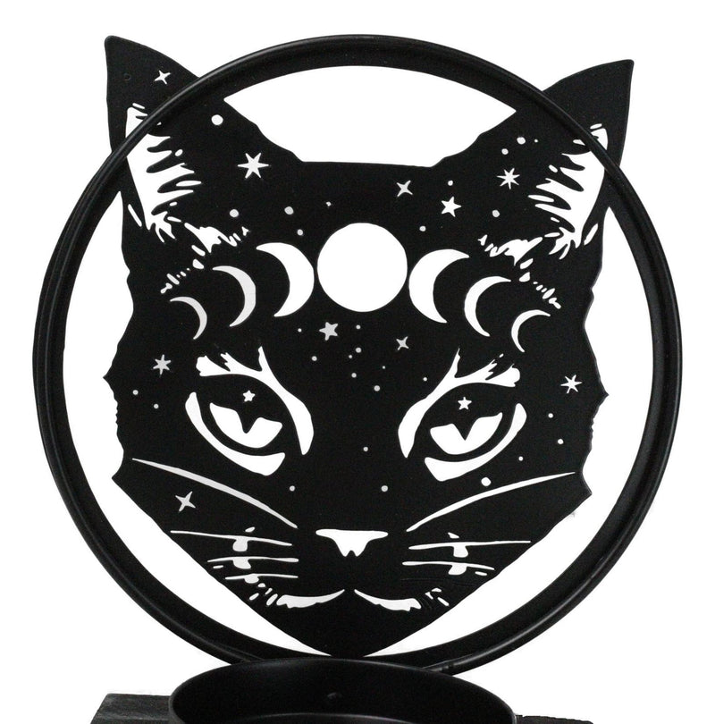 Wicca Phases of The Moon Celestial Black Cat Metal Votive T-Lite Candle Holder