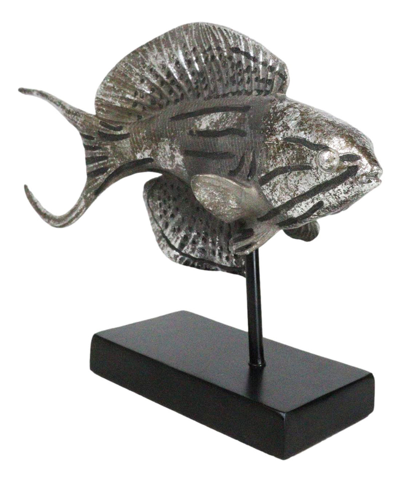 Nautical Marine Silver Tone Anthias Fish Sculpture With Museum Pole Stand Decor