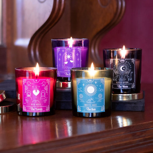 Set Of 4 Wicca Tarot Red Rose Lavender White Sage Black Opium Pillar Candles