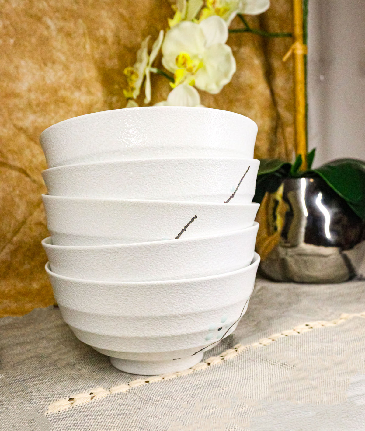 Set Of 5 Ceramic Yukino Hana Collection Medium Soup Cereal Salad Rice Bowls 24oz