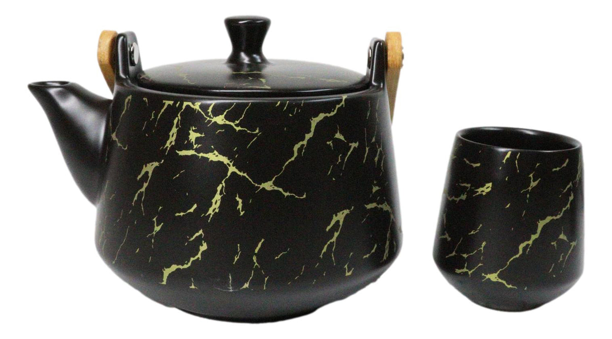 Black Marble Vein Porcelain 22oz Teapot And 2 Tea Cups With Bamboo Tray Set