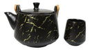Black Marble Vein Porcelain 22oz Teapot And 2 Tea Cups With Bamboo Tray Set