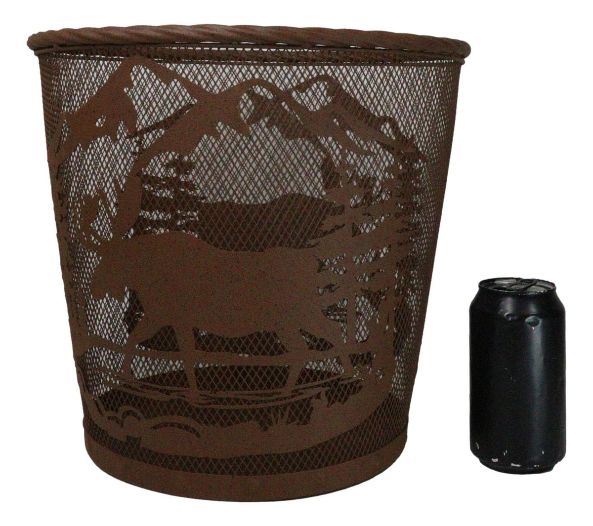 Rustic Deer Moose By Pine Forest Mountains Metal Wire Waste Basket Trash Bin - Ebros Gift