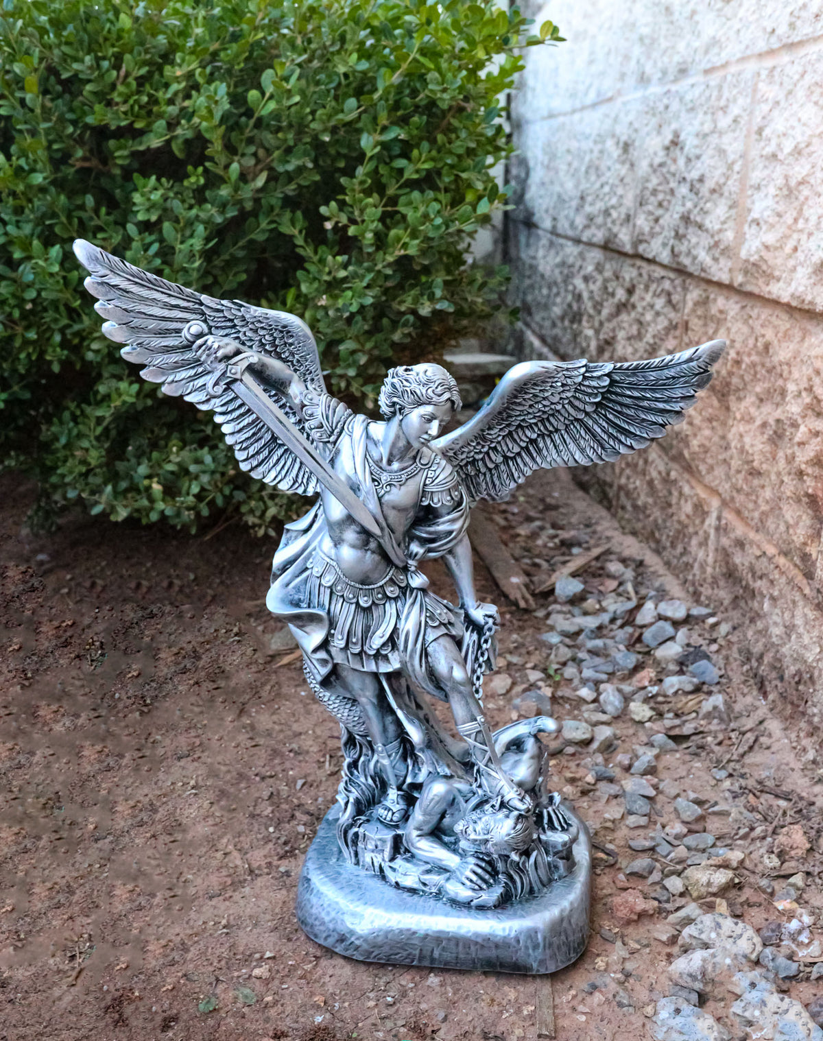 Italian Silver Archangel Saint Michael Trampling Satan With Sword Statue 16"H - Ebros Gift