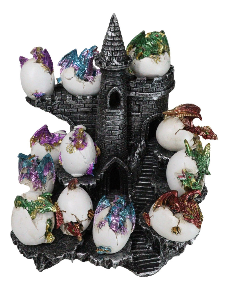 Medieval 12 Mini Dragons In Eggs On Mountain Stonewall Castle Display Stand Set