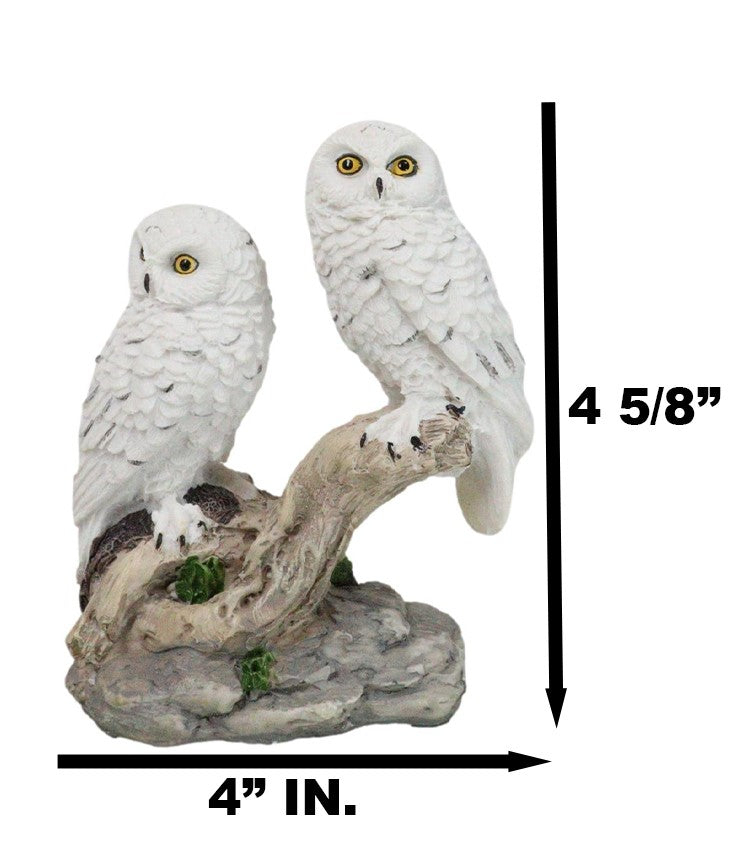 Tundra Forest Snow White Owls Couple Perching On Tree Branch Figurine 4.75"H