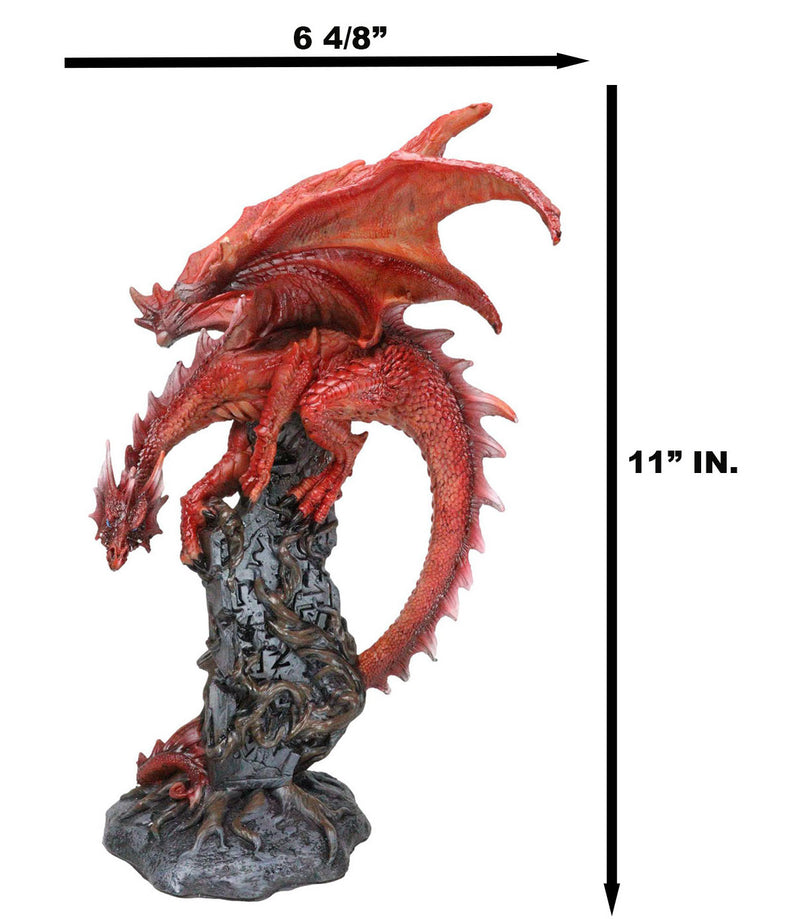 Wizard Fantasy Red Volcanic Dragon Perching On Rune Stone Tower Rock Figurine