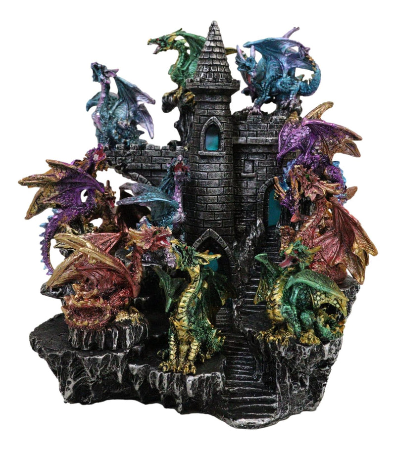 Medieval Colorful 12 Mini Dragons On Mountain Stonewall Castle Display Stand Set