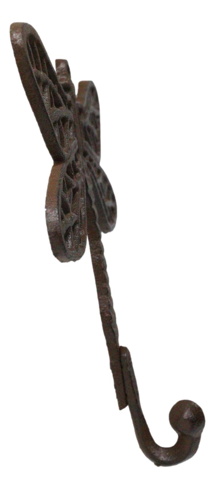 Set Of 2 Rustic Cast Iron Dragonfly with Scrollwork Filigree Wings Wall Hooks - Ebros Gift