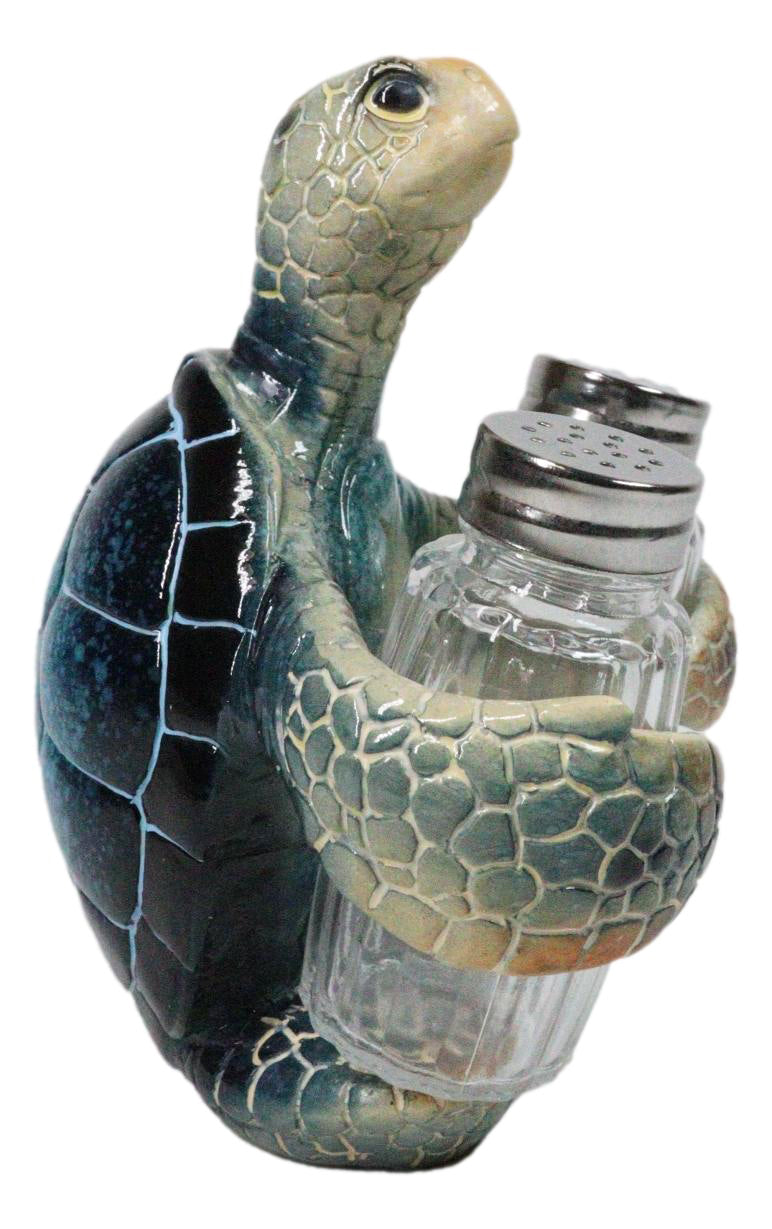 Marine Blue Shell Sea Turtle Hugging Glass Salt Pepper Shakers Holder Figurine