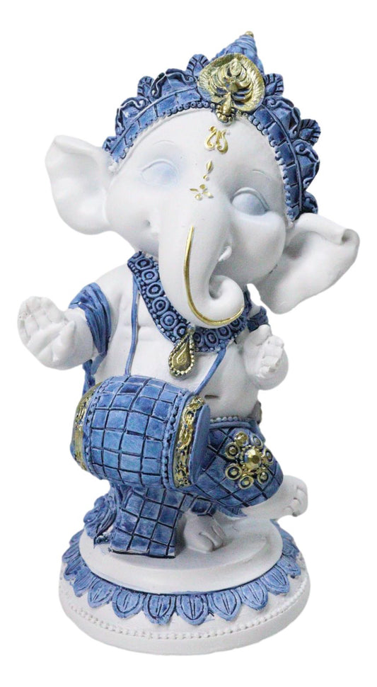 Blue White Hindu Elephant God Dancing Ganesha With Mridangam Drum Figurine