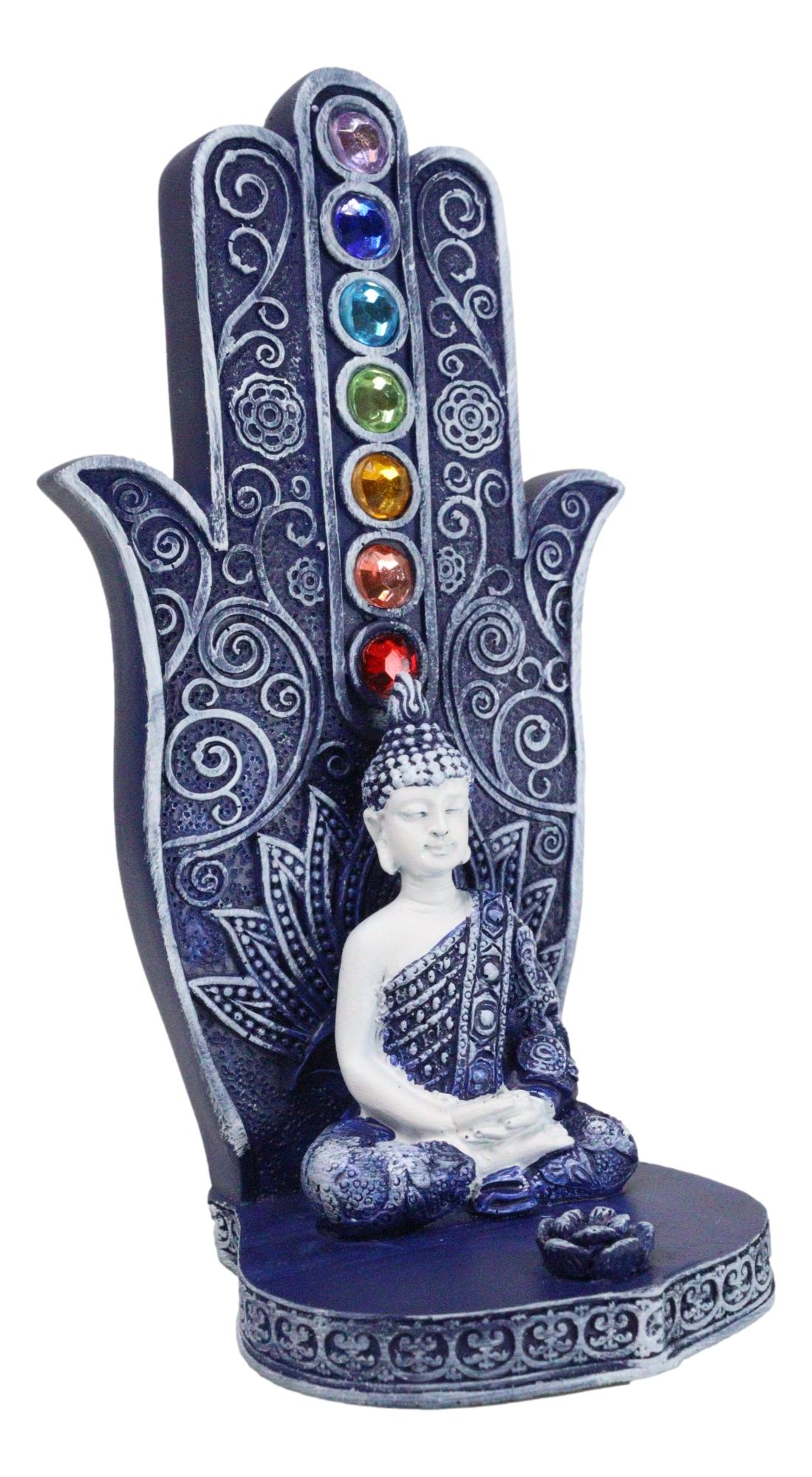 Blue Nirvana Hamsa Palm Buddha Rainbow Chakra Stones Incense Holder Figurine