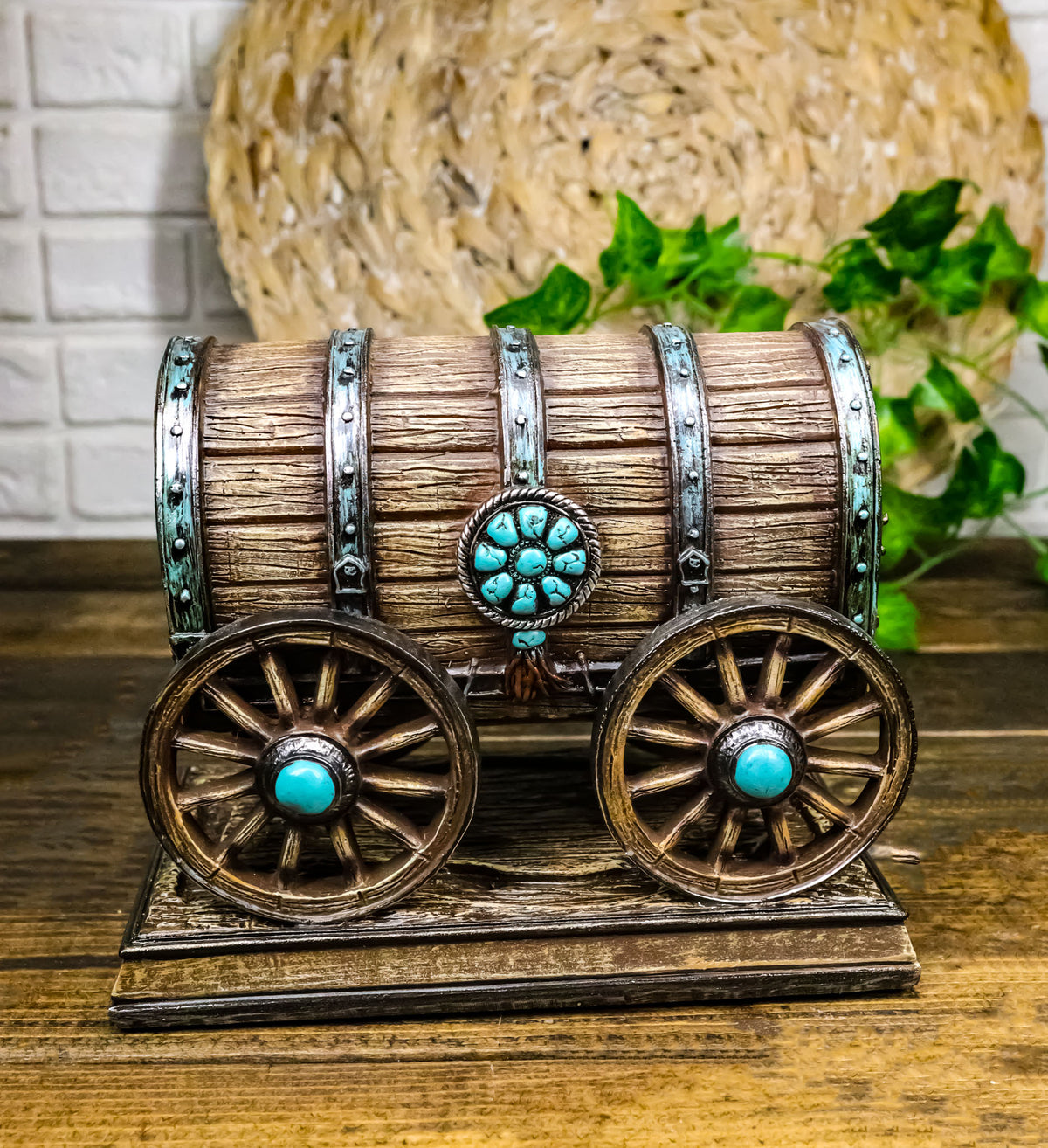 Rustic Western Faux Wooden Carriage Covered Wagon with Turquoise Accent Figurine