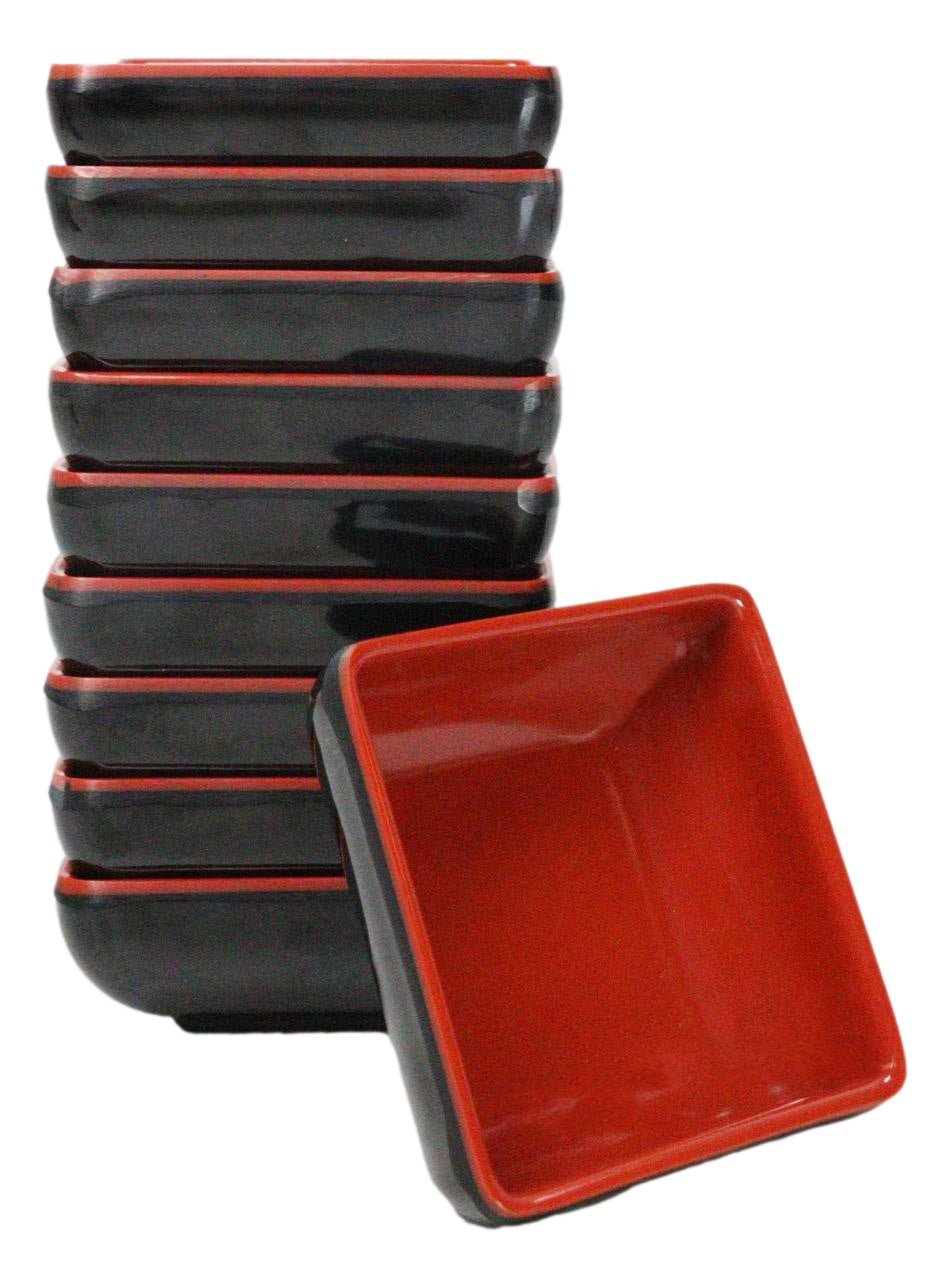 Pack Of 10 Red And Black Melamine Dipping Sauce Or Condiment Square Dishes 3"L