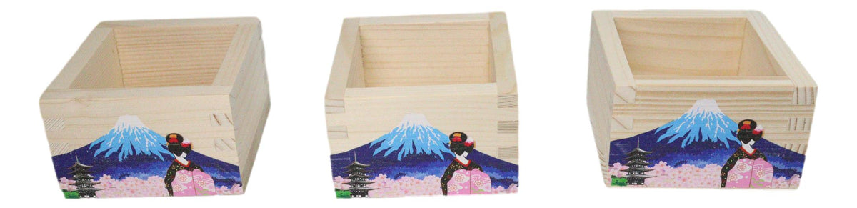 Set Of 3 Pink Sakura Mount Fuji Fujiyama Traditional Masu Square Box Sake Cups
