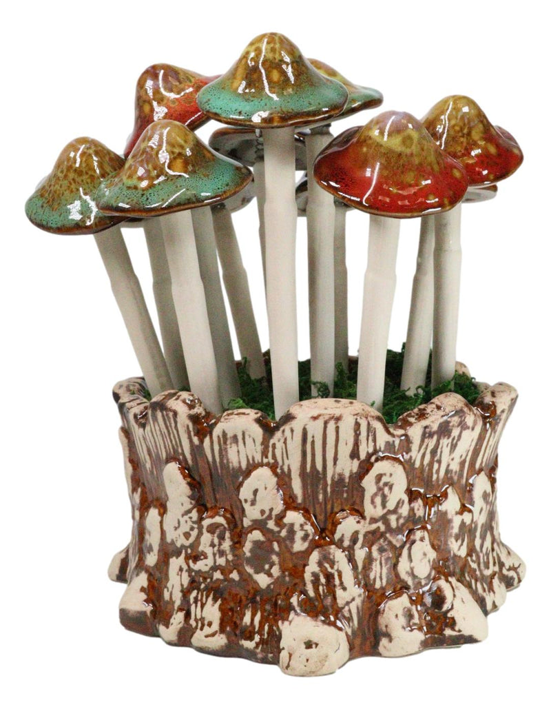 Fairy Garden Colorful 12 Piece Ceramic Mushroom Picks With Planter Holder Set