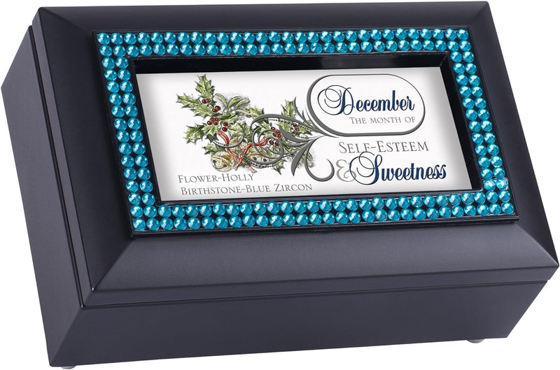 December Blue Zircon Birthstone Self Esteem Sweetness Black Musical Trinket Box