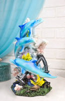 3 Blue Dolphins Swimming Around Coral Reef With Sunken Ship Anchor Figurine
