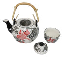 Red Black Koi Fish Porcelain 30oz Teapot With Bamboo Handle And 4 Tea Cups Set