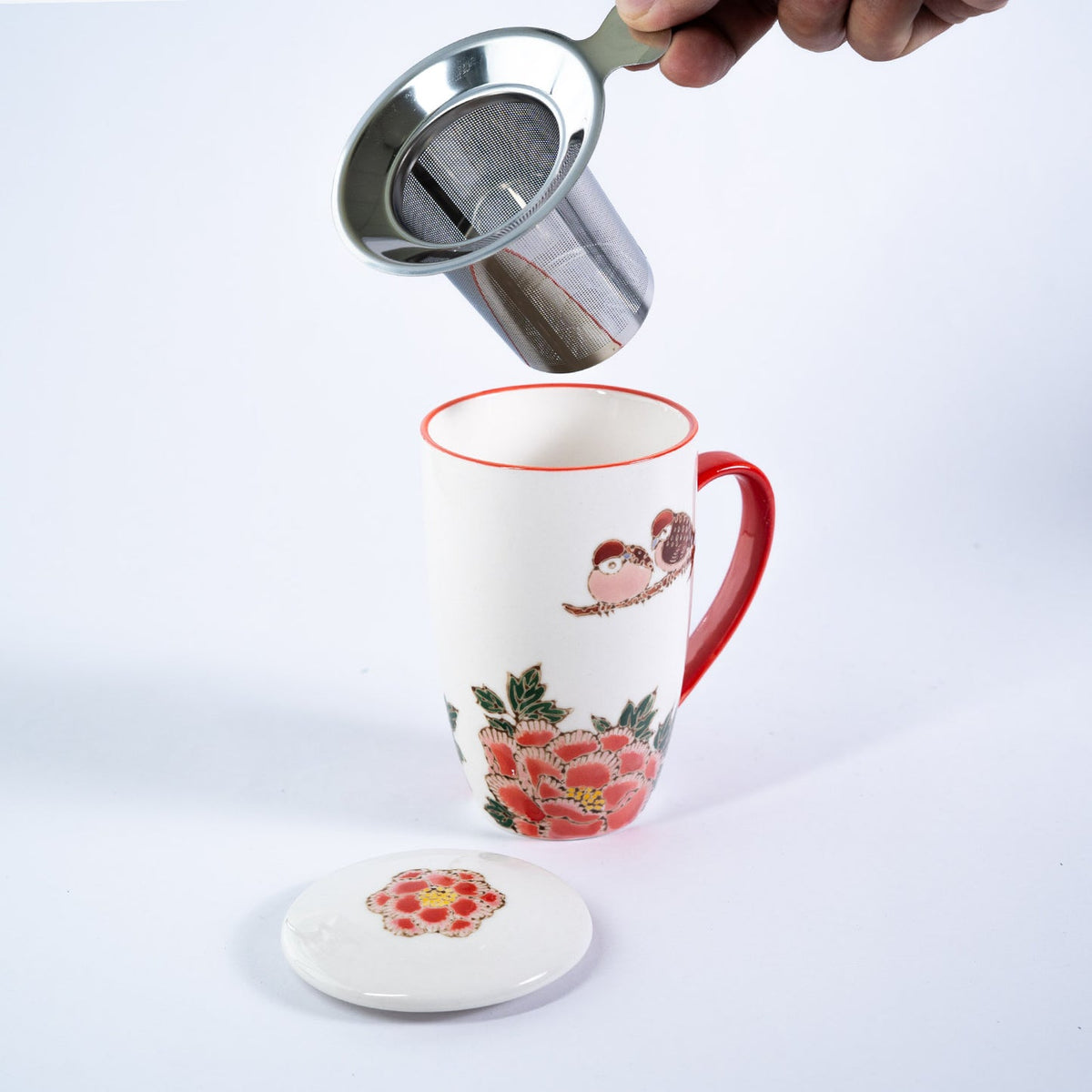 Twin Sparrows Peony 15oz Porcelain Tea Mug With Lid & Stainless Steel Infuser