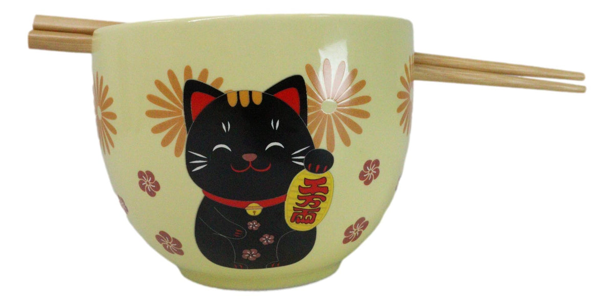 Maneki Neko Lucky Cat Yellow Ceramic Donburi Ramen Soup Bowl With Chopsticks Set