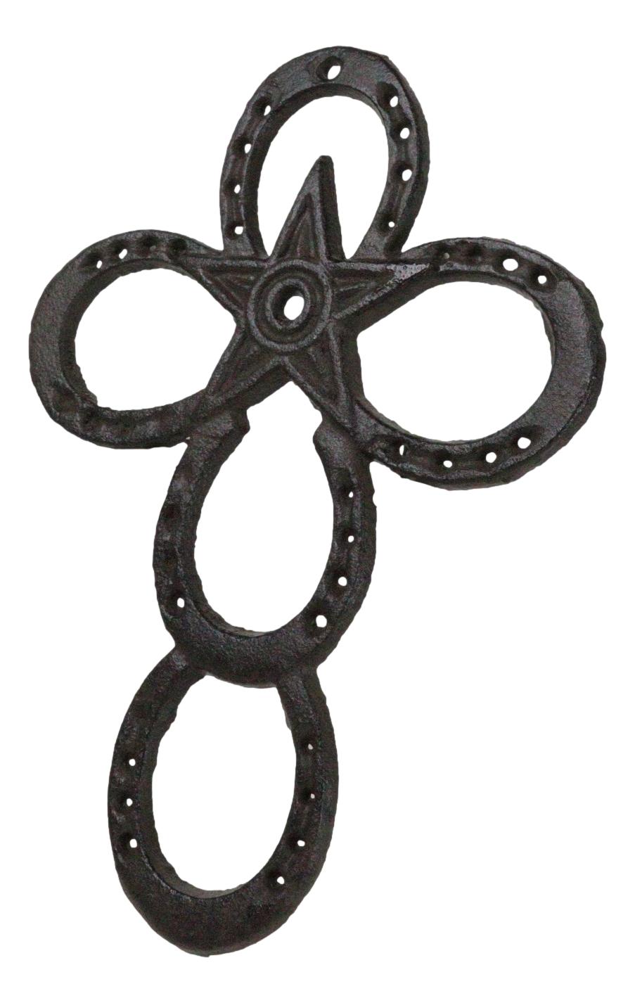 Set Of 2 Cast Iron Rustic Western Horseshoes And Lone Star Christian Wall Cross - Ebros Gift
