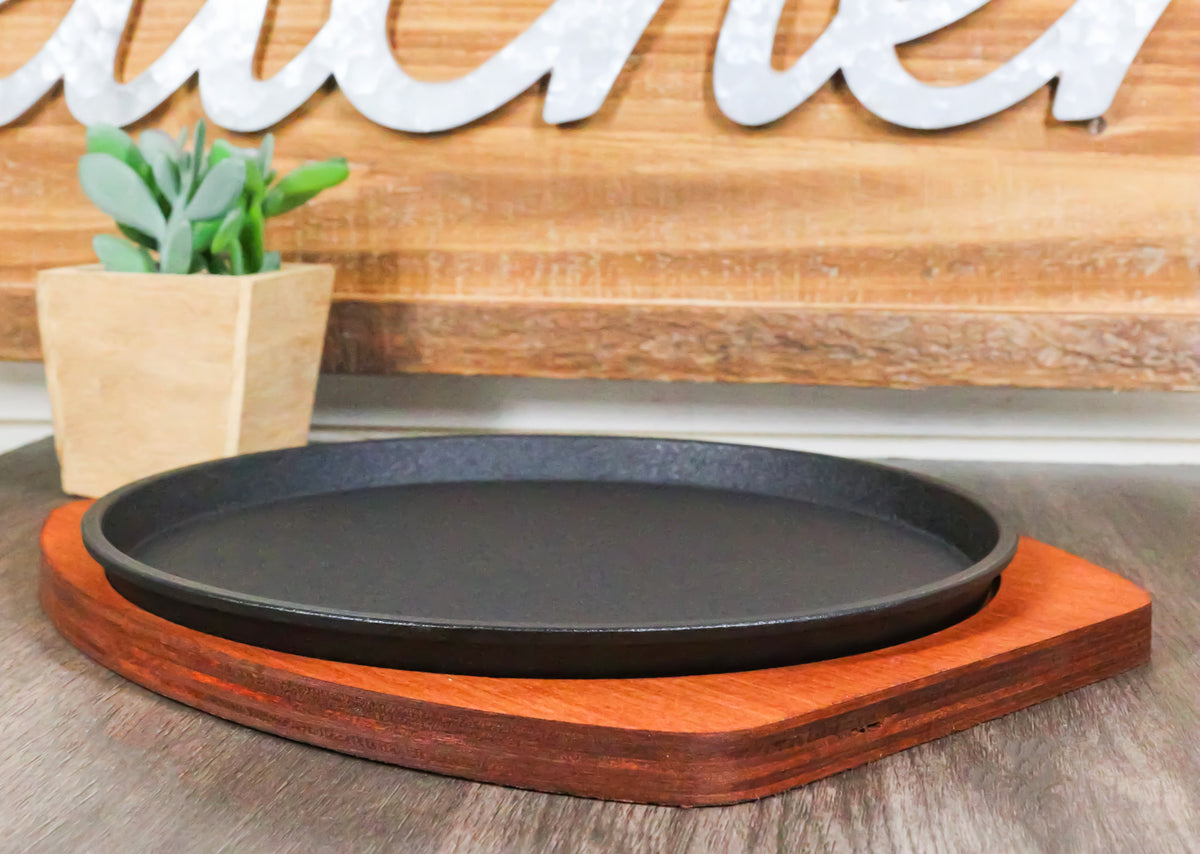 Personal Size Cast Iron Round Fajita Steak Pan Skillet With Wood Trivet Base8"D
