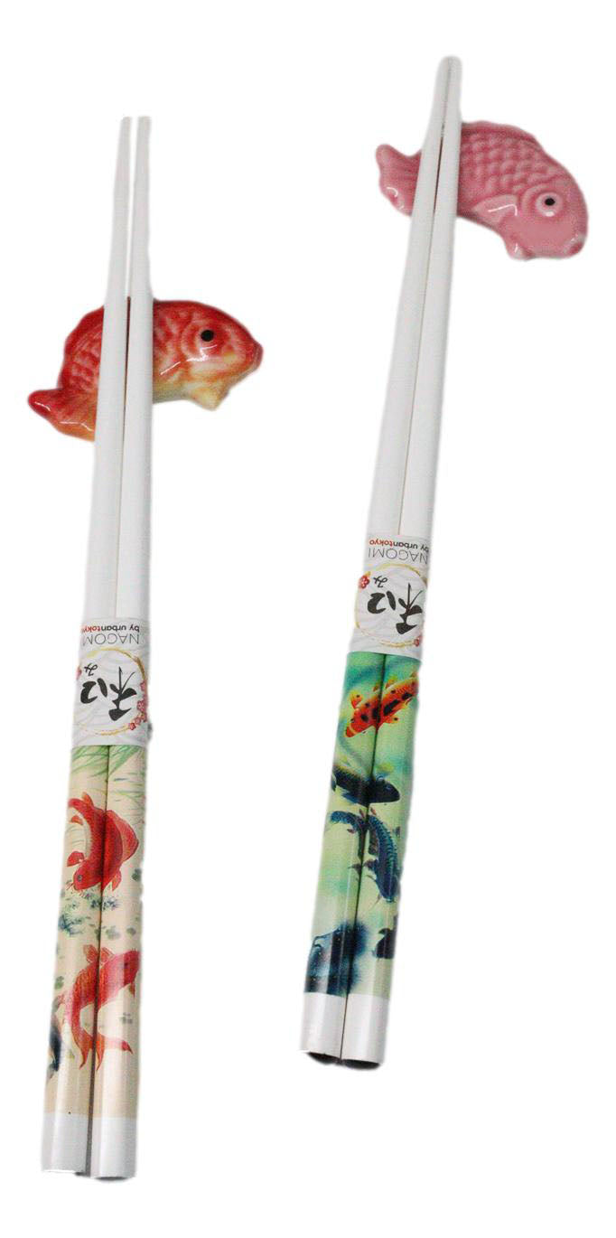 Red And Pink Auspicious Koi Fishes Set of 2 Chopsticks And Ceramic Rests Set