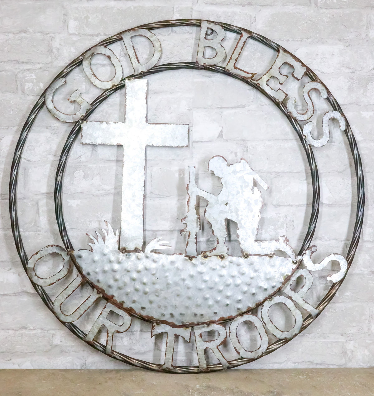 Large 24"D Rustic Western God Bless Our Troops Sign Metal Circle Wall Decor