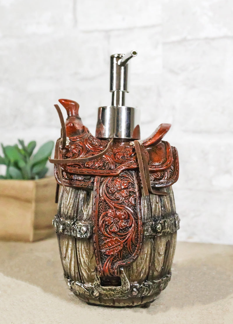 Rustic Western Faux Leather Cowboy Horse Saddle On Barrel Soap Pump Dispenser